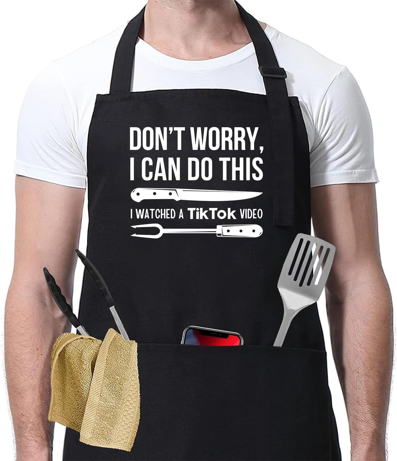 Funny Apron – Adjustable, Gabardine Kitchen Apron with Pockets for Cooking, Grilling – Ideal Gift for Food Lovers