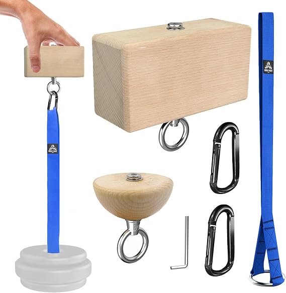 Pinch Grip Strength Trainer Set Beech Wood Rectangle Block & Dual-Use Half Ball with Extended Strap Loading System for Hand, Finger & Arm Wrestling Training
