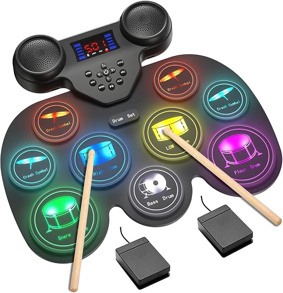 Electric Drum Set with 7 Colorful LED Light Patterns, Enhanced Rebound Feel Electronic Drum Kit Featuring 9 Pads, Bluetooth MIDI, and Dual Speakers, for Kids and Adult Beginners