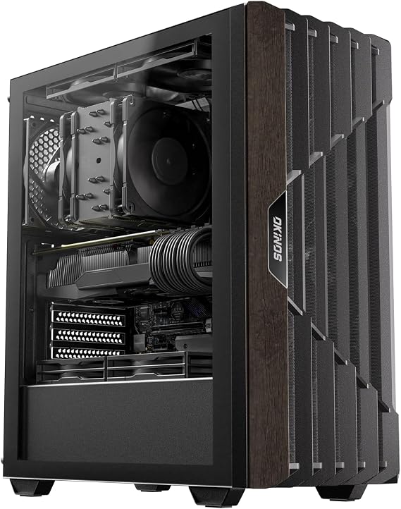 Okinos Oak Wood ATX PC Case, 4 x 120mm 3 Pin Non-PWM Case Fans Pre-Installed, Type-C Port, Tempered Glass Side Panel, Black Mid-Tower Computer Case, Cypress 5 AIR