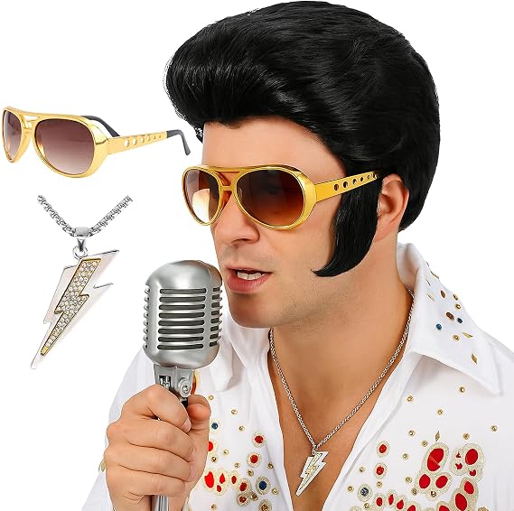 4pcs Set 50s 60s Rock Legend Wig for Men Singer Rocker Costume Wig for Cosplay Halloween Party