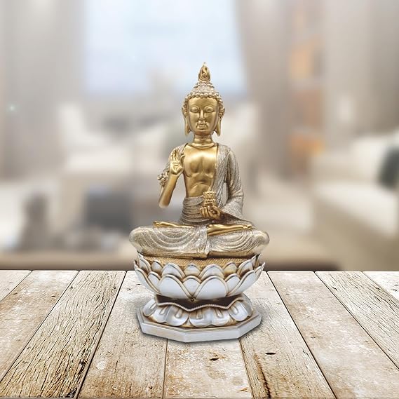 11" H Earth Touching Thai Buddha on Lotus Seat in Gold and Silver Figurine Statue Home/Room Decor Ideas for House Warming, Holidays and Birthdays Great Collectible Addition