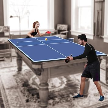 9 FT Medium-Sized Foldable Table Tennis Table for Pool Tables, Indoor/Outdoor Table Tennis Conversion Top, with Net and Quality Foam Padding, Lightweight and Portable - Blue