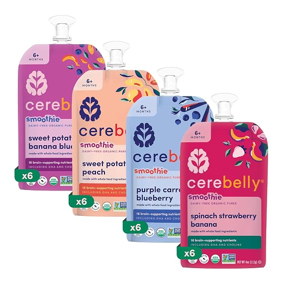 Cerebelly Organic Baby Food Pouches, Dairy-Free Smoothie Variety Pack, 24ct | 16 Brain Nutrients, Iodine, Non-GMO, BPA Safe, No Added Sugars, Stage 3 & 4, Shelf-Stable, No Nuts, No Gluten, DHA, Zinc, B6
