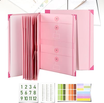 Document Organizer, File Folder with Labels and Pockets, Expanding Storage Folder for Important Papers, Emergency Binder, Birth Certificates and Letters, Ideal for Home Files Organization Pink