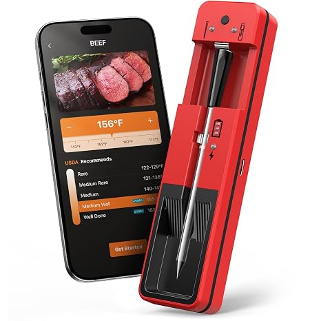 Wireless Meat Thermometer 6 Sensors Accuracy Digital Food Thermometer 0.5S Instant Read, IP67 Waterproof for BBQ, Grill, Smoker, Oven, Air Fryer,Red