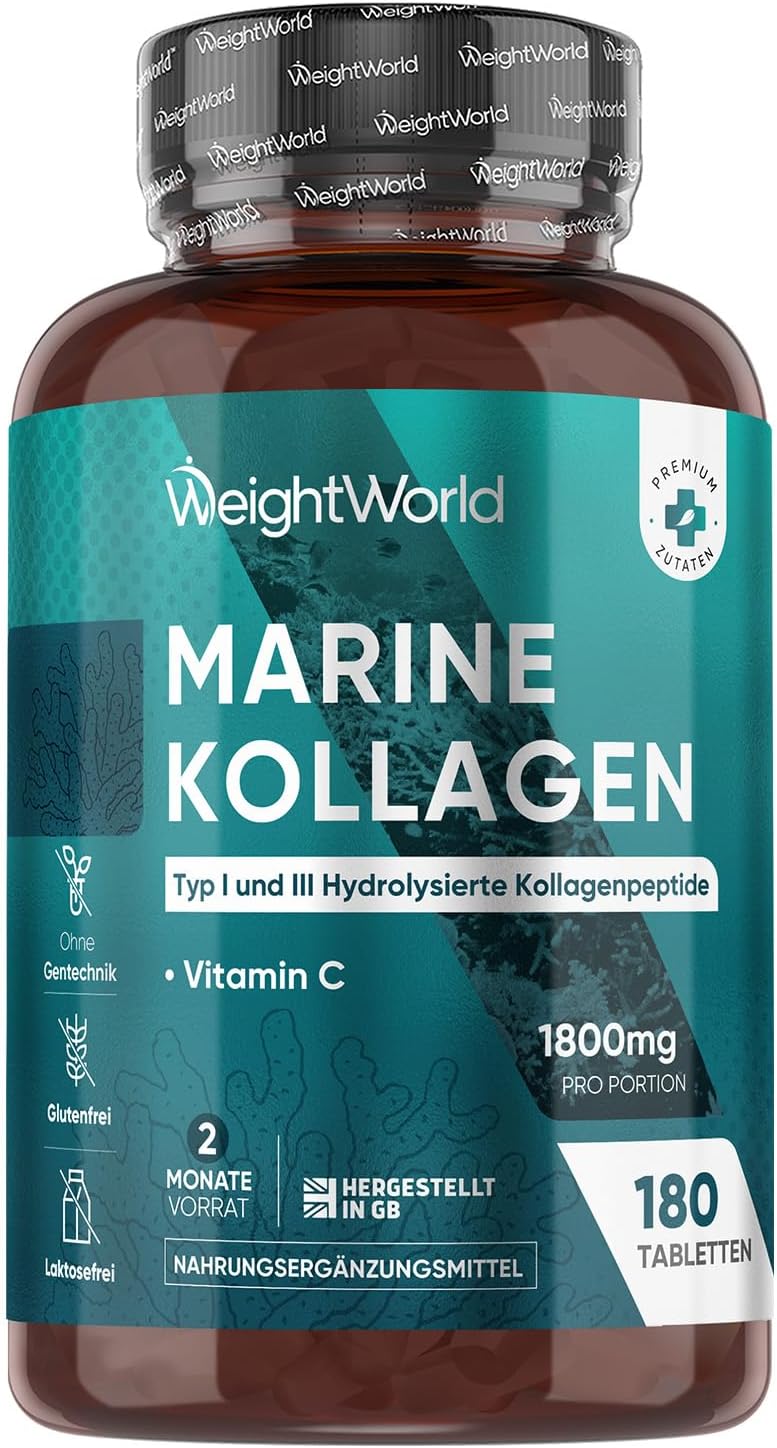 Collagen with Vitamin C - 1800 mg Marine Collagen Hydrolysates by Serving - Collagen Peptides Type 1 & 3-180 Tablets - Marine Collagen - 2 Months Supply - Dietary Supplement from WeightWorld