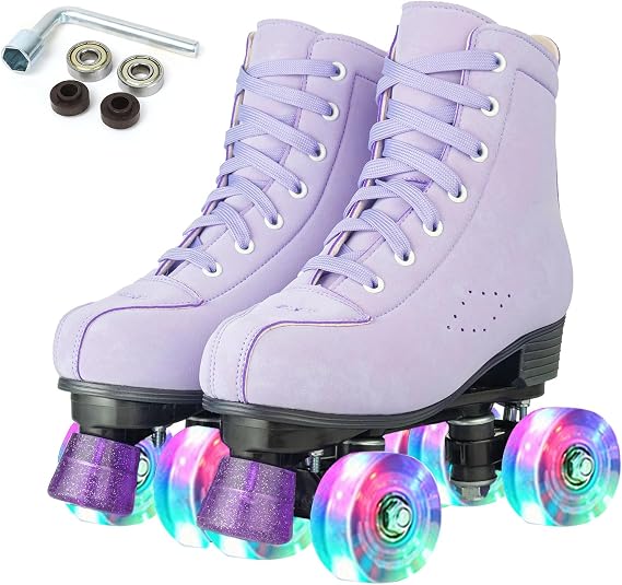 Silvertree Roller Skates for Women and Men PU Leather High-top Adult Roller Derby Skates Wheels Light Up Roller Skates Four-Wheel Shiny Roller Skates for Girls Boys Unisex