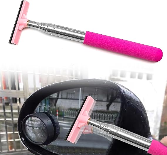 Car Rearview Mirror Scraper,Retractable Vehicle Glass Cleaner Tool,Long Handle Car Cleaning Tool,Portable Vehicle Interior Exterior Accessories for Rainy Foggy Weather (Pink)