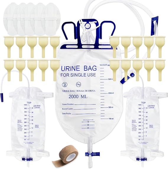 Condom Catheter External Self Sealing Set for Men,20pcs Latex Sets,1pcs 2000ml Catheter Bags,2pcs 1000ml Leg Urine Drainage Bags,5pcs Catheter Stabilization Device,1Tapes(0.98inch/25mm/Small Size)