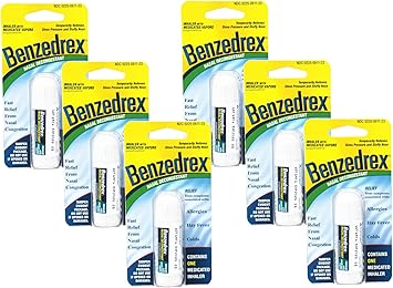 Benzedrex Nasal Decongestant Inhaler Medicated Vapor Relief for Sinus Pressure, Nasal Congestion, Allergies, Hay Fever & Colds Pack of 6
