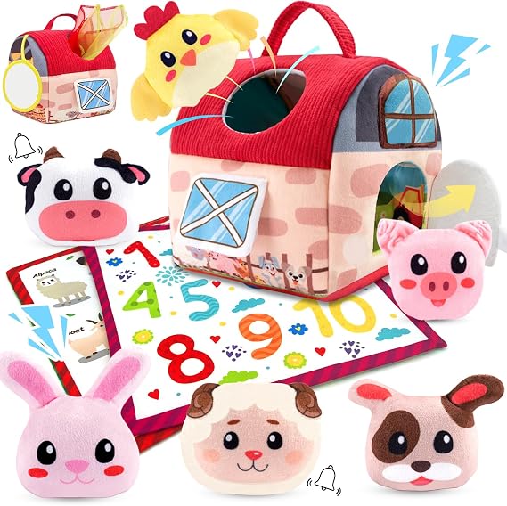 Baby Toys 6-12 Months, 11PCS Surprise Barn Toy with Stuffed Farm Animals, Rattle, Soft Paper, Mirror, Montessori Sensory Toy for Babies Boys Girls 1 2 3 Year Old, Birthday Gift for Infants Toddlers