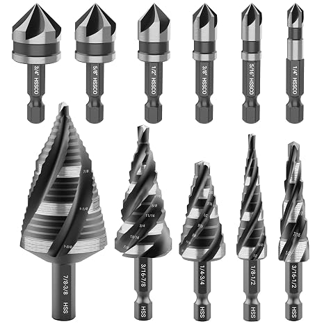 5 Pcs Four Spiral Flute Step Drill Bit Set & 6 Pcs Countersink Drill Bits