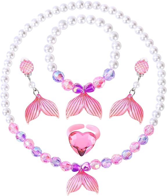 Princess Jewelry for Little Girls, 5 Piece Mermaid Tail Jewelry Set, Stretch Necklace Bracelets Rings and Clip on Earrings, Perfect for Dress Up, Birthday Parties, Costume Play