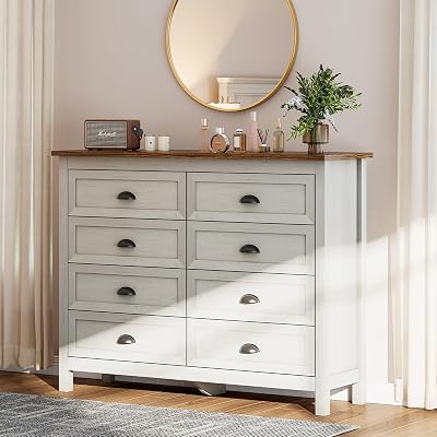 8 Drawer Dresser, Farmhouse Tall Dresser for Bedroom, Antique White Chest of Drawers, Modern Double Dressers for Bedroom, Closet