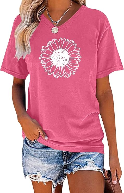 EADINVE Womens Sunflower Graphic Printed Tee Short Sleeve V Neck Summer Top | Cotton Blend, Not Clingy, Fade Resistant, Vintage T Shirt, Loose Fit, Novelty Cool Shirt, Easy Care, Dressy, Daily Outfits
