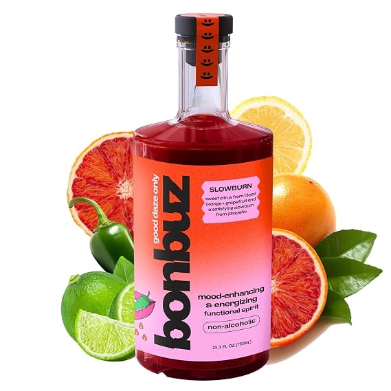 Bonbuz Slowburn - Functional Non-Alcoholic Spirit with a Buzz - Nootropics & Adaptogens - Spicy Sugar-Free Mocktail Mixer & Alcohol Replacement Drink - Low-Calorie, Keto, Gluten-Free - 750ml