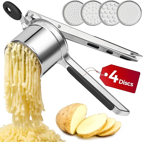 15 OZ Potato Ricer, Stainless Steel Potato Masher with Silicone Handle Heavy Duty Ricer For Mashed Potatoes Kitchen Tool Potato Press Kitchen Gadget 4 Interchangeable Discs
