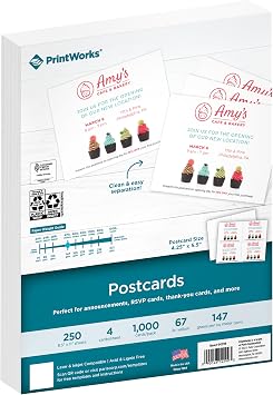 PrintWorks Blank Printable Postcards for Mailing & Printing - 1000 Cards (4.25" x 5.5" Post Card Size) - 4 per Sheet - 250 Sheets (8.5 x 11) - Made in the USA - No Envelope Needed - White (04299)