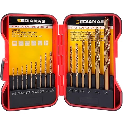 Cobalt Drill Bit Set - 15Pcs M35 HSS Twist Drill Bits, Straight Shank, Metal Drills bit Set for Hardened Metal, Stainless Steel, Cast Iron, Wood and Plastic with Index Storage Case, 116-38