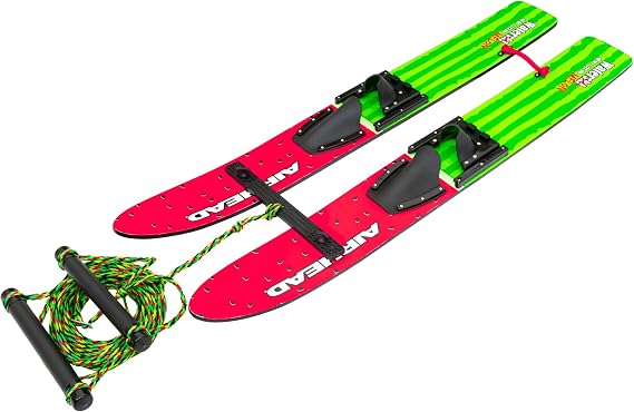 Airhead Watermelon 47" Combo Water Skis with Removable Training bar with Double Handle Rope and Adjustable bindings US Child Size 5-12