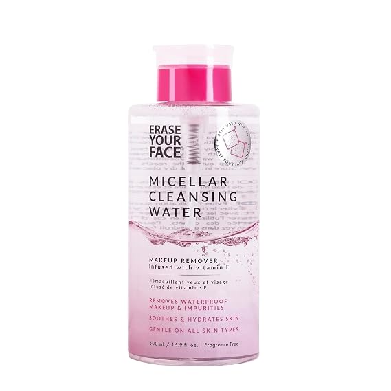 ERASE YOUR FACE Micellar Cleansing Water - Hydrating Micellar Water to Help Remove Makeup, Cleanse Skin & Reveal a Soft, Radiant Complexion - Suitable for Sensitive Skin (16.9 Fl Oz)