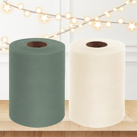 2PCS 6" x 100 Yards Tulle Fabric Roll Bundle (Sage Green & Ivory)