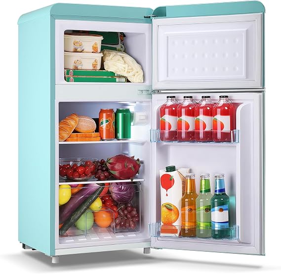 DEMULLER Small Refrigerator with Top Freezer 100Liter Retro Mini Fridge with Adjustable Glass Shelving, 7 Temperature Control and LED Lighting, Retro Mint Blue