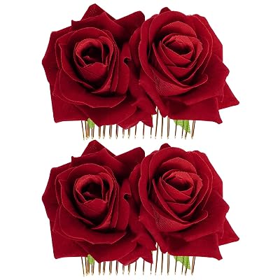 2 Pack Rose Flower Hair Clip Comb Wedding Floral Clips Hairpin Mexican Hair Accessories for Woman Girl Halloween Valentines Mothers Day Flamenco Dancer Red