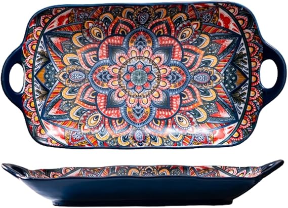 Serving Tray with Handles Rectangular Serving Platter Ceramic Extra Large Plates & Dishes Rectangle (Blue Garden)