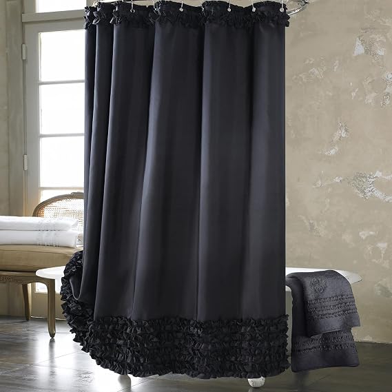 Ruffle Shower Curtain, Black Fabric Shower Curtain with Handmade Ruffles, Farmhouse Chic Bath Curtains, 72" W x 72" H