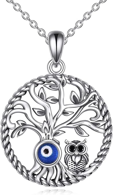POPLYKE Evil Eye Owl Necklace Sterling Silver Third Eye Pendant Necklace Tree of Life Jewelry Protection Gifts for Women