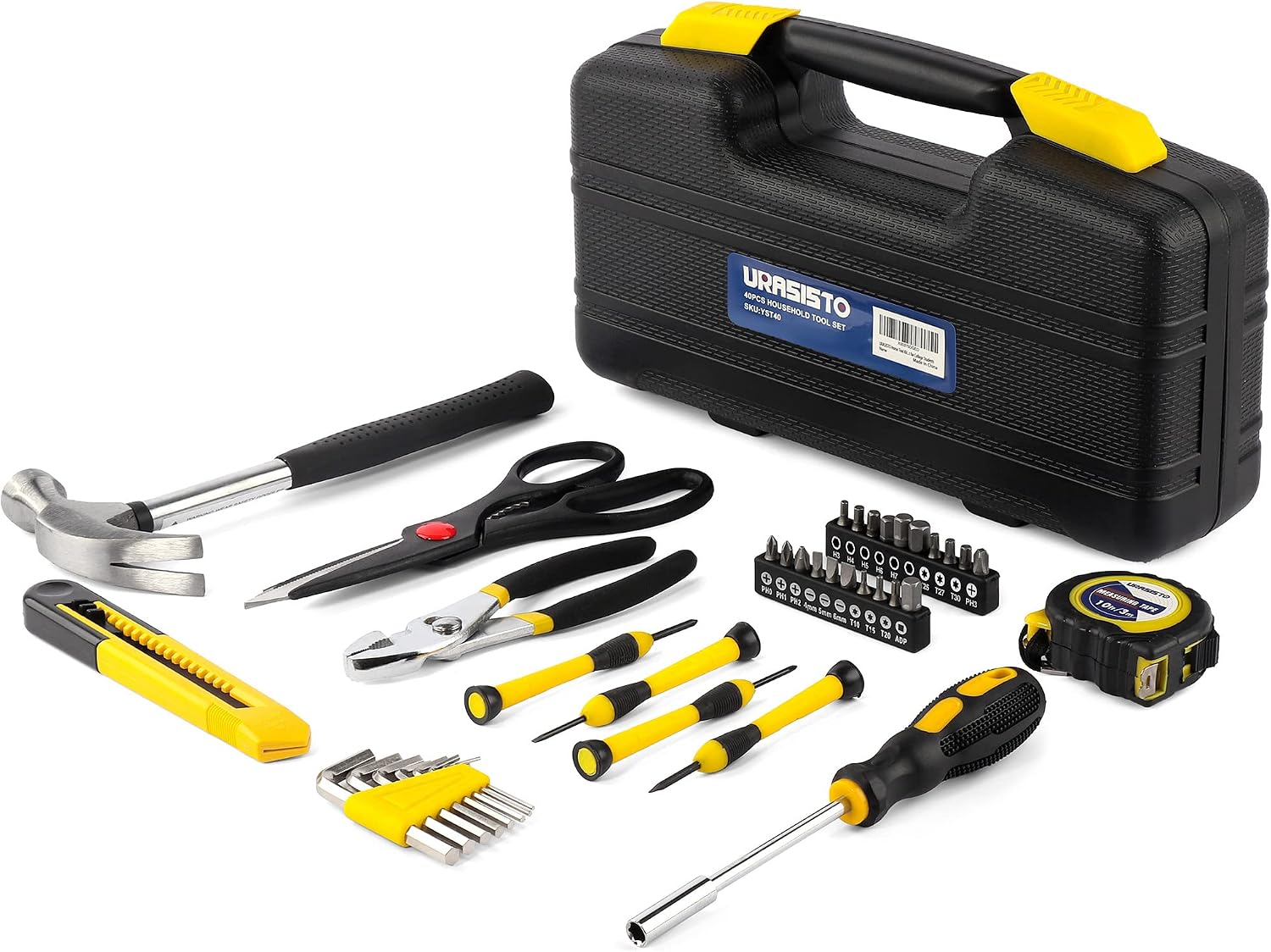 URASISTO 40-Piece Home Tool Kit with Easy Carrying Box, Small Basic Hand Tool Set Perfect for DIY Building, Home Maintenance and Woodworking, Great for College Students