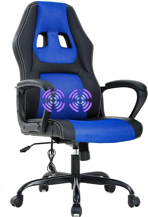 High-Back Racing Gaming Chair with Massage Lumbar Support - Ergonomic, Adjustable, Swivel - Black PU Leather - Perfect for Home Office or Gaming (Blue)