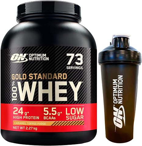Optimum Nutrition Gold Standard 100% Whey Protein Powder with Amino Acids in Caramel 2.27 kg 73 Servings + Shaker