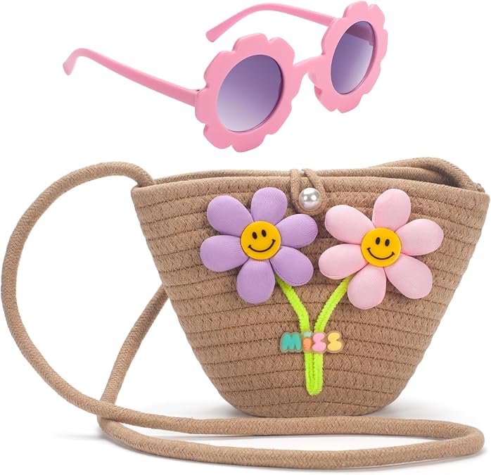 Little Girls Purse for Toddler, Kids Crossbody Bag with Sunglasses, Flower Girl Purse Woven Handbag