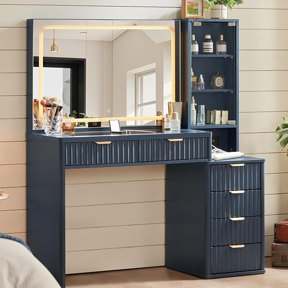 LEYAOYAO 43.5'' Vanity Desk with Mirror and Lights, Fluted Makeup Vanity with 6 Drawers and Adjustable Shelves, Blue Make Up Vanity Wood Dressing Table with Glass Top and Power Outlet for Bedroom