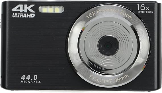 Compact Digital Camera, 4K HD Camera with 16x Digital Zoom, 2.8in Large Screen, 44MP, Anti-Shock, Autofocus for Kids, Adults, Beginners (Black)