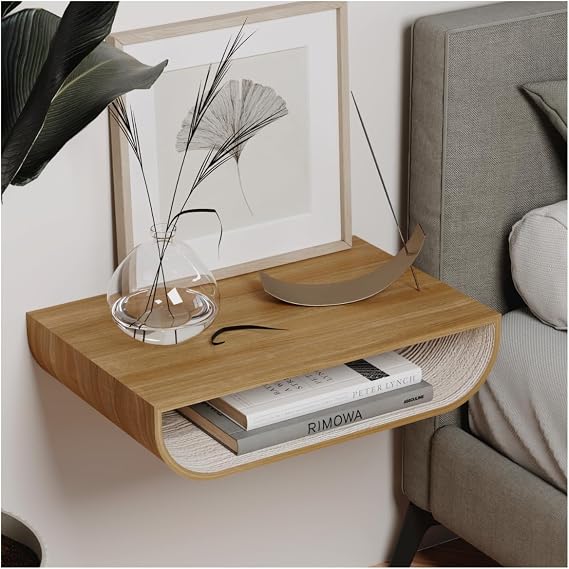 EWART WOODS Floating Nightstand, Walnut Bedside Shelf Wall Mount, Bed Night Stand for Bedroom, Wooden Side Table Cabinet, Entryway Furniture (Oak)