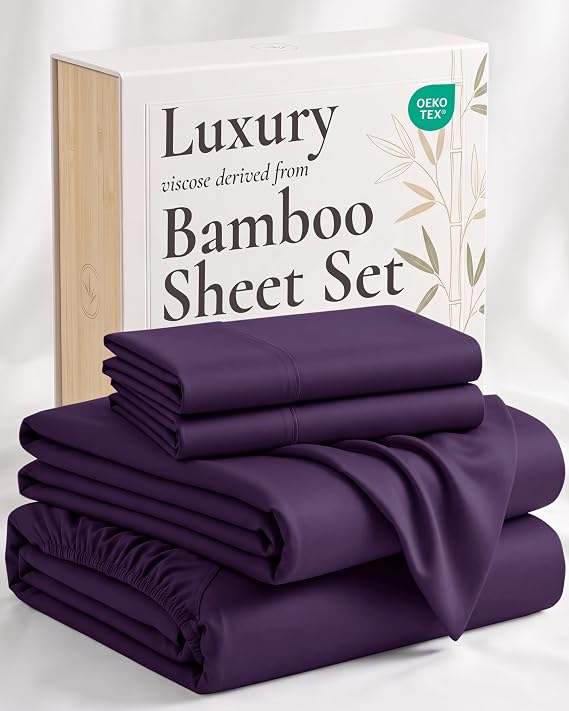 Hotel Sheets Direct 4 Piece Bed Sheet Set Queen Size, 100% Viscose Derived from Bamboo Sheets Set with 2 Pillowcases, Cooling & Breathable Luxury Bedding, Moisture-Wicking & Silky Soft Texture, Purple