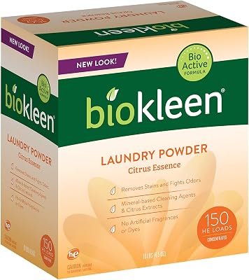 Biokleen Laundry Detergent Powder, Concentrated, Eco-Friendly, Non-Toxic, Plant-Based, No Artificial Fragrance, Colors or Preservatives, Citrus Essence, 10 Pounds - 150 HE Loads100 Standard Loads