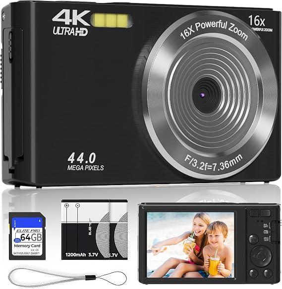 Black Digital Camera 4K for Teens with 16X Zoom Auto Focus, Small Compact Portable Point and Shoot Boys/Girls Student Digital Camera with 64G SD Card, 2 Batteries