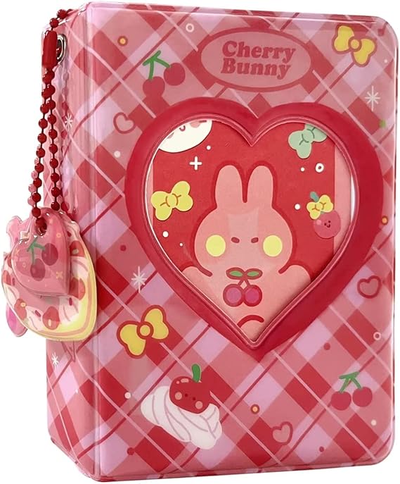 Pink Rabbit Kpop Photocard Binder with Pendant, 3 Inch Love Heart Hollow Photocard Holder Book Sleeves, 40 Pockets A5 Binder Mini Photo Album for Business Card Holder
