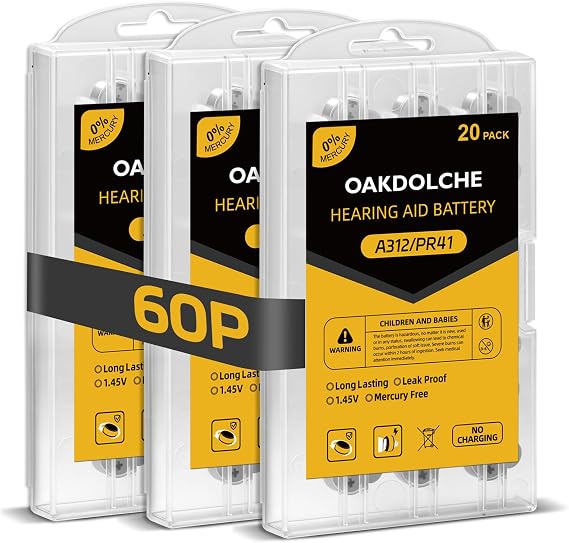 60 Count Hearing Aid Batteries Size 312, 1.4V Long Lasting