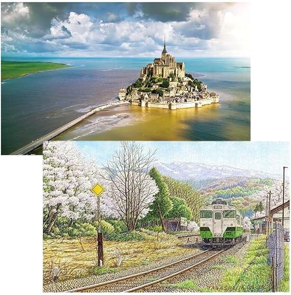 Pintoo Two Plastic Jigsaw Puzzles Bundle - 1000 Piece - HenryDo - Mont Saint Michel Island, France and 1000 Piece - Tadashi Matsumoto - Spring Follows Winter [H3035+H3053]