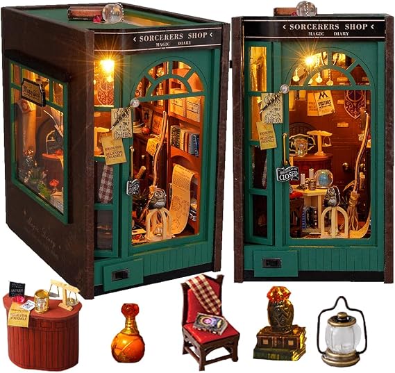 Book Nook Kit, 3D Wooden Puzzle DIY Miniature House Kit with LED for Bookshelf Insert Decoration, Crafts Hobbies Gifts for Adults