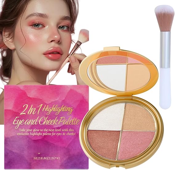 Glow Highlighting Eye & Cheek Palette,All in One Makeup Palette,4-in-1 Highlight & Contour,Blush,Eyeshadow & Highlighter Palette with 1 Brush,Glow Wardrobe Multifunctional Make Up Palette,Long Lasting