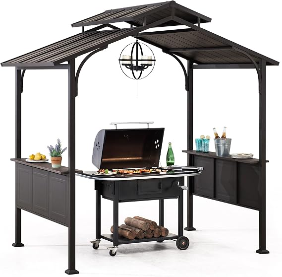 SUNJOY Grill Gazebo 8 ft. x 5 ft. Brown Steel Frame Double Tiered Hardtop Gazebo with Ceiling Hook and Shelves