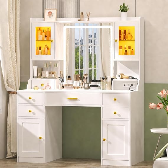 Vanity Desk with Mirror and Lights, White Makeup Desk, LED Cabinet