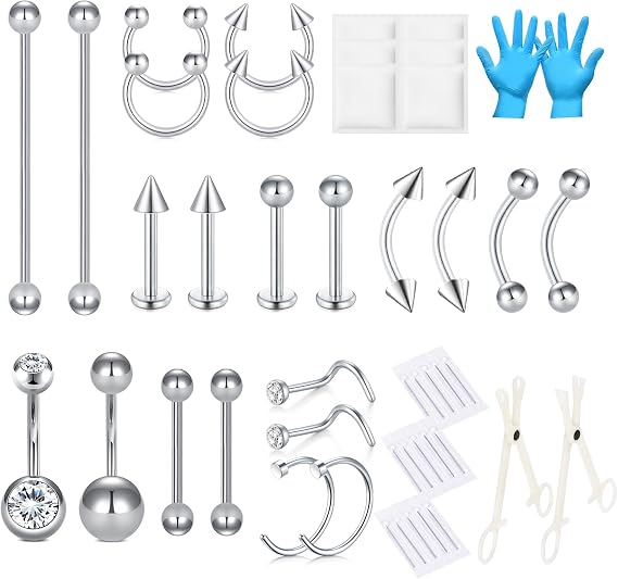 AVYRING Piercing Kit for Nose Septum Belly Button Eyebrow Lip Tongue Ear Cartilage Tragus Helix Piercing with Jewellry, 316L Stainless Steel Piercing Tools and Supplies